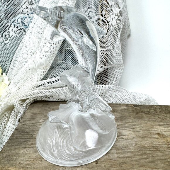 Clear Glass Dolphin Figurine Leaping Over Frosted Waves - Picture 3 of 9